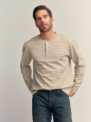 Neutral Stripe Long Sleeve Grandad Collar 100% Cotton T-Shirt - Image 1 of 8