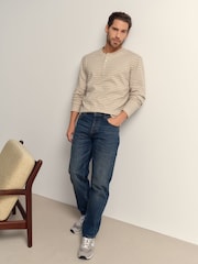 Neutral Stripe Long Sleeve Grandad Collar 100% Cotton T-Shirt - Image 2 of 8