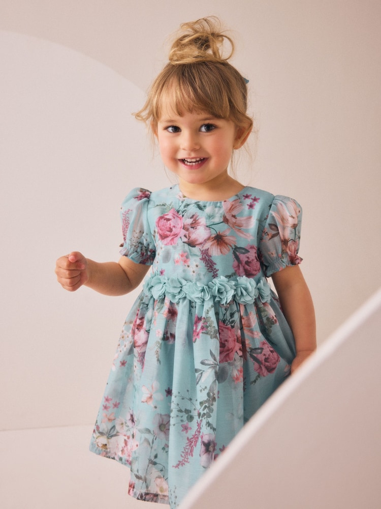 Blue Girl Flower Print Corsage Dress (3mths-8yrs) - Image 2 of 9