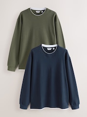 Navy Blue/Khaki Green Long Sleeve Mock Crew Neck 100% Cotton T-Shirts 2 Pack - Image 1 of 10