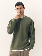 Navy Blue/Khaki Green Long Sleeve Mock Crew Neck 100% Cotton T-Shirts 2 Pack - Image 2 of 10