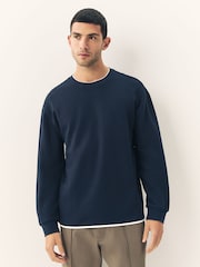 Navy Blue/Khaki Green Long Sleeve Mock Crew Neck 100% Cotton T-Shirts 2 Pack - Image 3 of 10