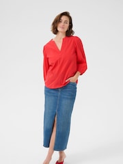 Kaffe Red KAjollia Notch Neck 3/4 Sleeves 100% Cotton Blouse - Image 2 of 5