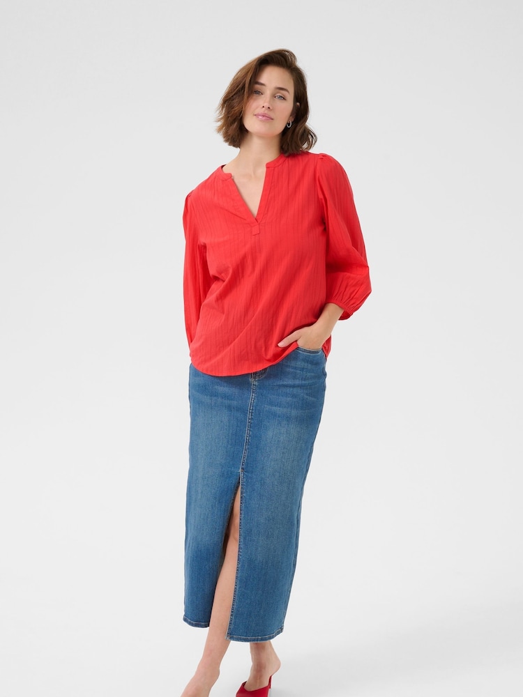 Kaffe Red KAjollia Notch Neck 3/4 Sleeves 100% Cotton Blouse - Image 2 of 5