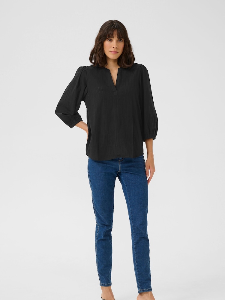 Kaffe 100% Cotton Kajollia Notch Neck 3/4 Sleeves Black Blouse - Image 2 of 5