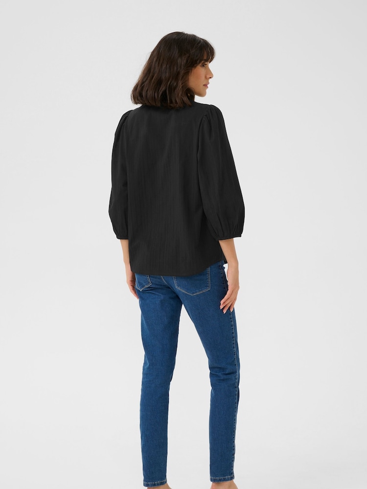 Kaffe 100% Cotton Kajollia Notch Neck 3/4 Sleeves Black Blouse - Image 3 of 5