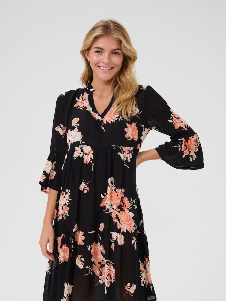 Kaffe Edita Tiered Knee Length V-Neck Black Dress - Image 1 of 6