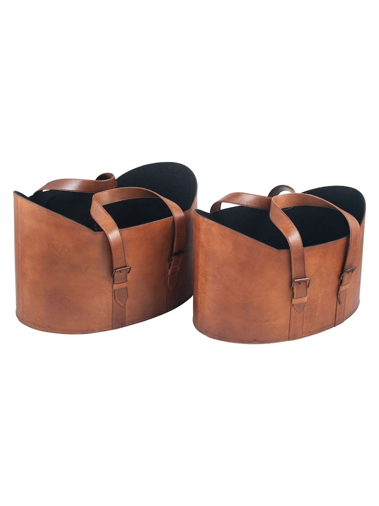 Pacific Lifestyle Set of 2 Tan Alessio Leather Handled Storage Baskets - Image 2 of 5