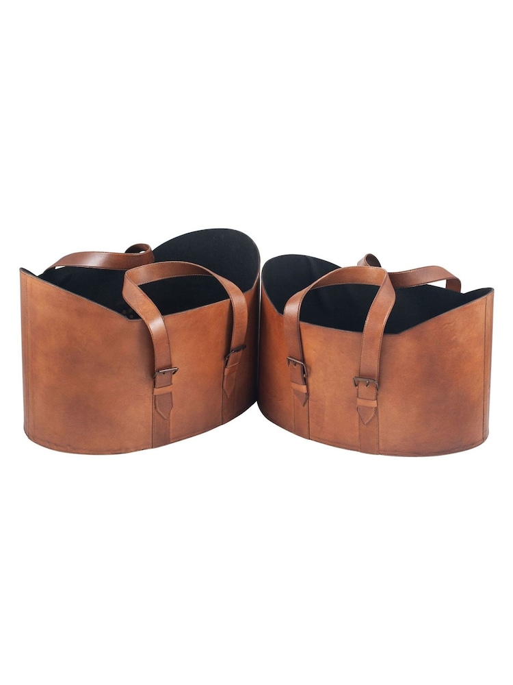 Pacific Lifestyle Set of 2 Tan Alessio Leather Handled Storage Baskets - Image 5 of 5