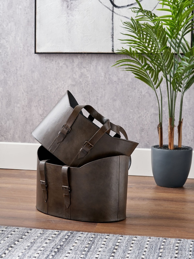 Pacific Lifestyle Set of 2 Dark Brown Alessio Leather Handled Storage Baskets - Image 1 of 6