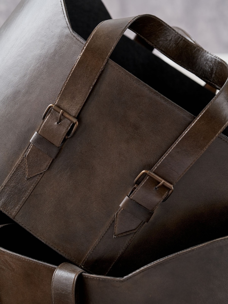 Pacific Lifestyle Set of 2 Dark Brown Alessio Leather Handled Storage Baskets - Image 2 of 6 Pacific Lifestyle Set of 2 Dark Brown Alessio Leather Handled Storage Baskets - Image 2 of 6