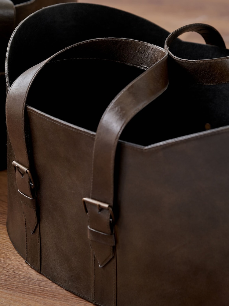 Pacific Lifestyle Set of 2 Dark Brown Alessio Leather Handled Storage Baskets - Image 6 of 6