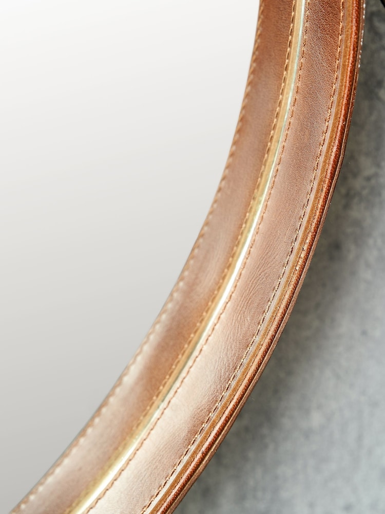 Pacific Lifestyle Tan Leather Frame Round Wall Mirror - Image 6 of 6