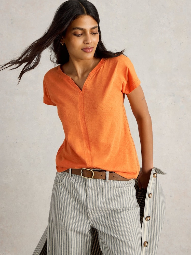 White Stuff Orange Nelly Notch Neck 100% Cotton T-Shirt - Image 1 of 6
