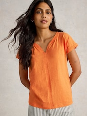 White Stuff Orange Nelly Notch Neck 100% Cotton T-Shirt - Image 3 of 6