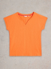 White Stuff Orange Nelly Notch Neck 100% Cotton T-Shirt - Image 5 of 6