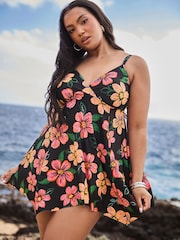 Yours Curve Black Floral Hanky Hem Swimdress - Image 1 of 7