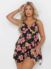 Yours Curve Black Floral Hanky Hem Swimdress - Image 2 of 7