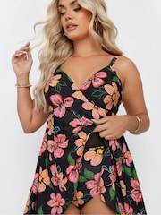 Yours Curve Black Floral Hanky Hem Swimdress - Image 5 of 7