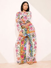 PixieGirl Petite Pink Scarf Print Wide Leg 100% Cotton Trousers - Image 1 of 5