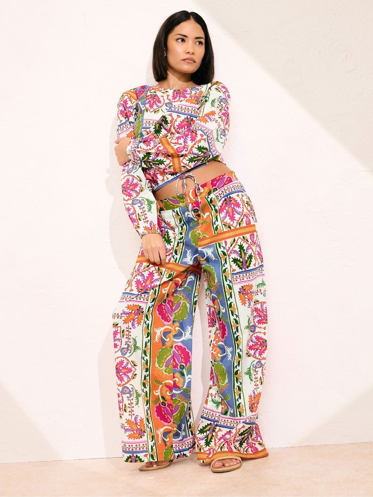 PixieGirl Petite Pink Scarf Print Wide Leg 100% Cotton Trousers - Image 1 of 5