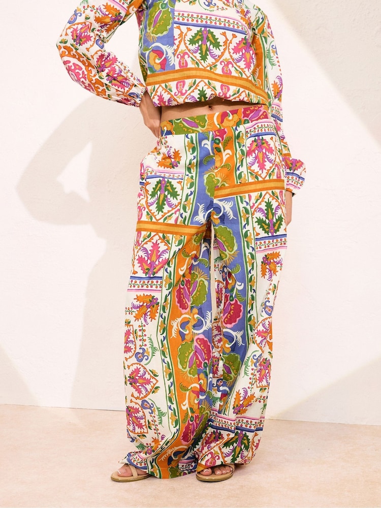 PixieGirl Petite Pink Scarf Print Wide Leg 100% Cotton Trousers - Image 2 of 5