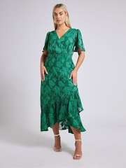 Yours Curve Green London Floral Jacquard Wrap Dress - Image 1 of 6