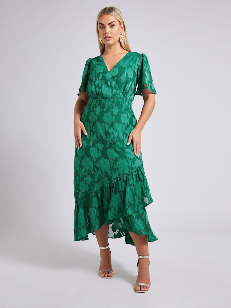 Yours Curve Green London Floral Jacquard Wrap Dress - Image 1 of 6