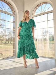 Yours Curve Green London Floral Jacquard Wrap Dress - Image 3 of 6