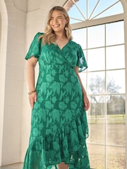 Yours Curve Green London Floral Jacquard Wrap Dress - Image 4 of 6