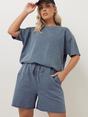 Yours Curve Blue Acid Wash Sweat 100% Cotton Shorts - Image 1 of 6