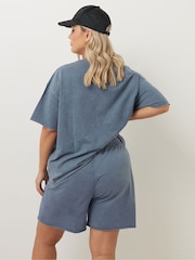 Yours Curve Blue Acid Wash Sweat 100% Cotton Shorts - Image 3 of 6
