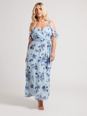 Yours Curve Blue London Abstract Metallic Spot Ruffle Dress - Image 1 of 6