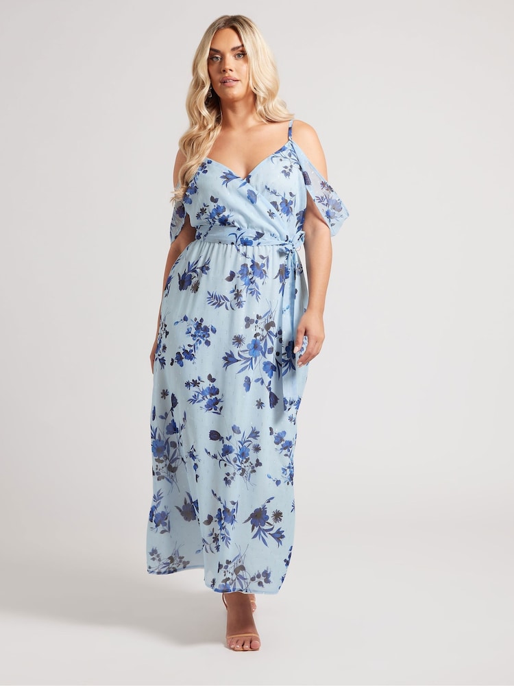 Yours Curve Blue London Abstract Metallic Spot Ruffle Dress - Image 1 of 6