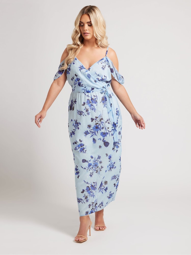 Yours Curve Blue London Abstract Metallic Spot Ruffle Dress - Image 2 of 6