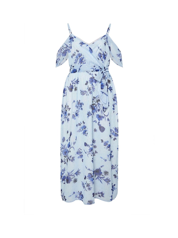Yours Curve Blue London Abstract Metallic Spot Ruffle Dress - Image 6 of 6
