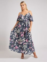 Yours Curve Blue London Floral Cold Shoulder Wrap Maxi Dress - Image 1 of 6