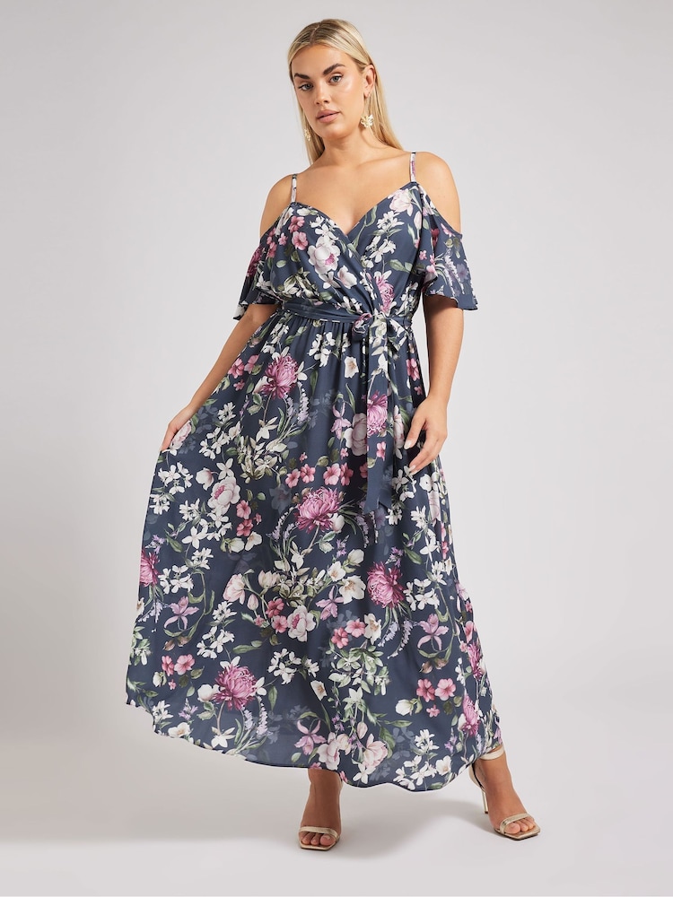 Yours Curve Blue London Floral Cold Shoulder Wrap Maxi Dress - Image 1 of 6