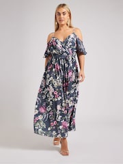 Yours Curve Blue London Floral Cold Shoulder Wrap Maxi Dress - Image 2 of 6
