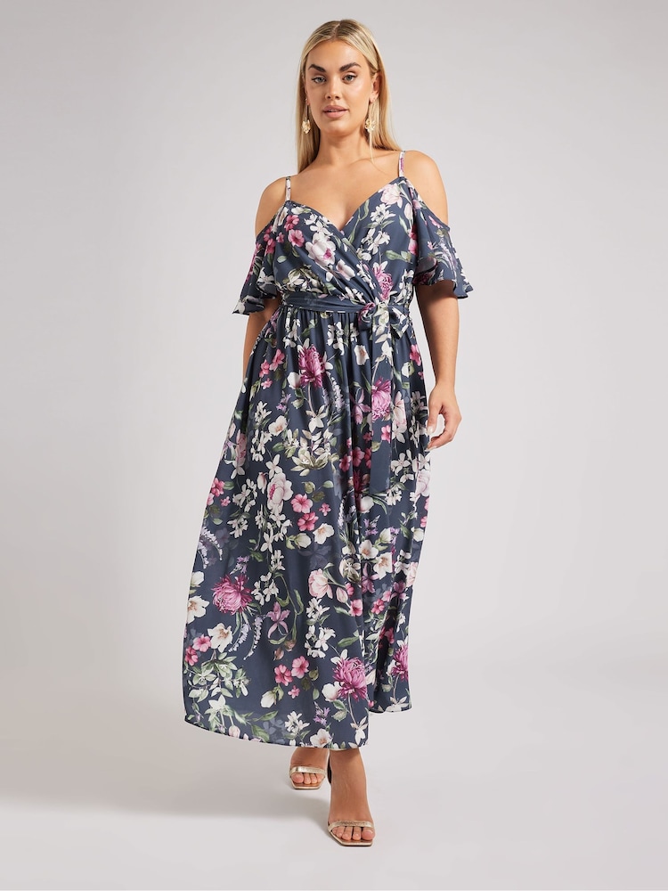 Yours Curve Blue London Floral Cold Shoulder Wrap Maxi Dress - Image 2 of 6