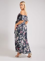 Yours Curve Blue London Floral Cold Shoulder Wrap Maxi Dress - Image 3 of 6