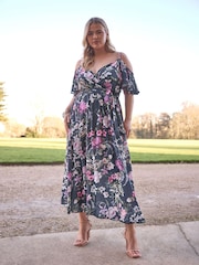 Yours Curve Blue London Floral Cold Shoulder Wrap Maxi Dress - Image 5 of 6