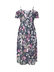 Yours Curve Blue London Floral Cold Shoulder Wrap Maxi Dress - Image 6 of 6