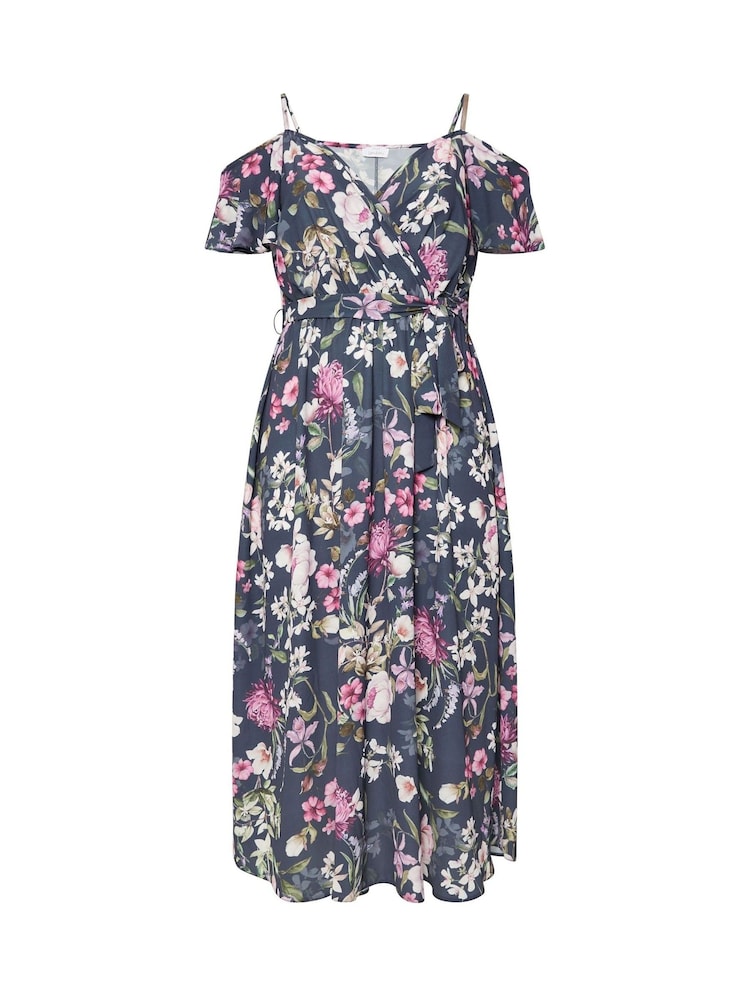 Yours Curve Blue London Floral Cold Shoulder Wrap Maxi Dress - Image 6 of 6