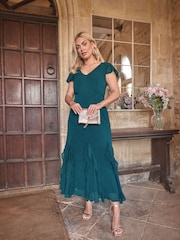 Yours Curve Green London Ruffle Godet Hem Dress - Image 1 of 6