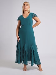 Yours Curve Green London Ruffle Godet Hem Dress - Image 5 of 6