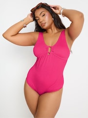 Yours Curve Pink Buckle Detail Texture Swimsuit - Image 1 of 7