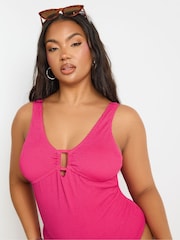 Yours Curve Pink Buckle Detail Texture Swimsuit - Image 4 of 7