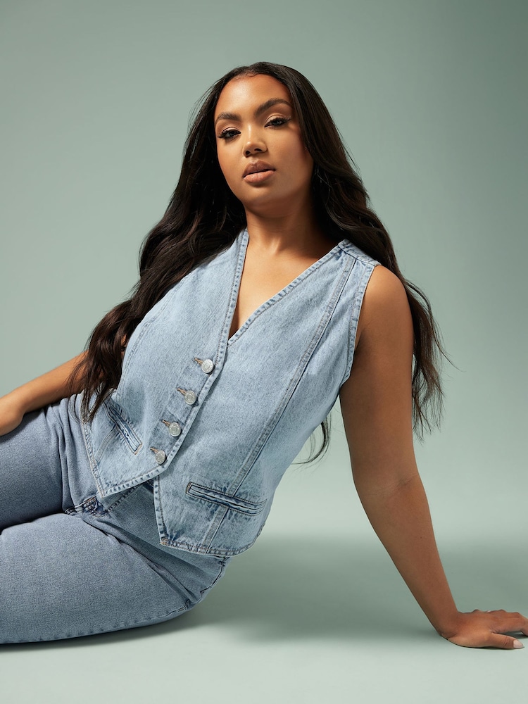 Yours Curve Blue 100% Cotton Denim Waistcoat - Image 6 of 6