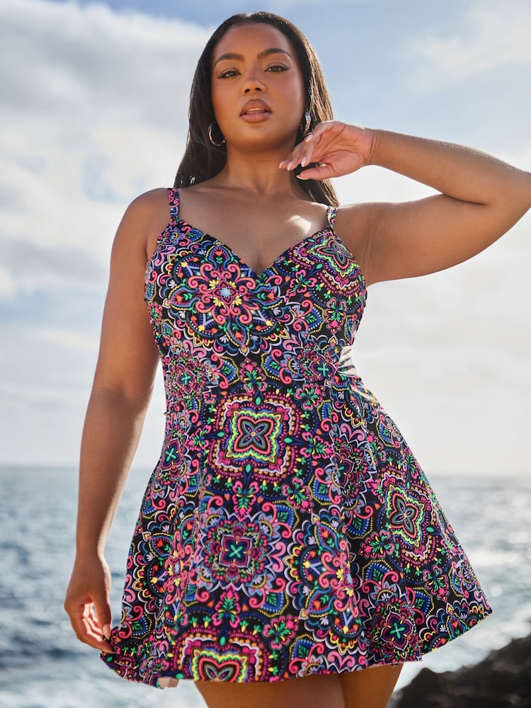 Yours Curve Black Wrapover Skirt Swimdress - Image 1 of 7